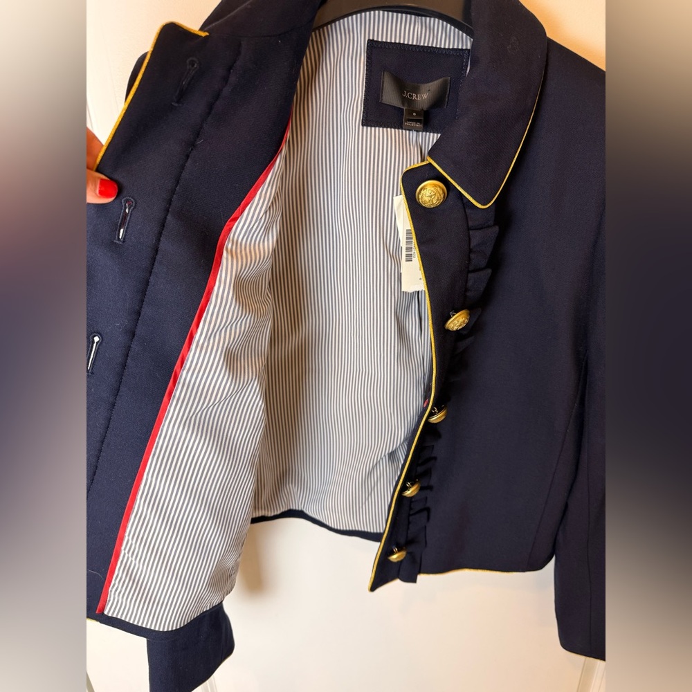 $198 J.Crew Navy Blazer Jacket Gold Crest Buttons Ruffle Front Wool Blend Size 6 - Picture 16 of 16